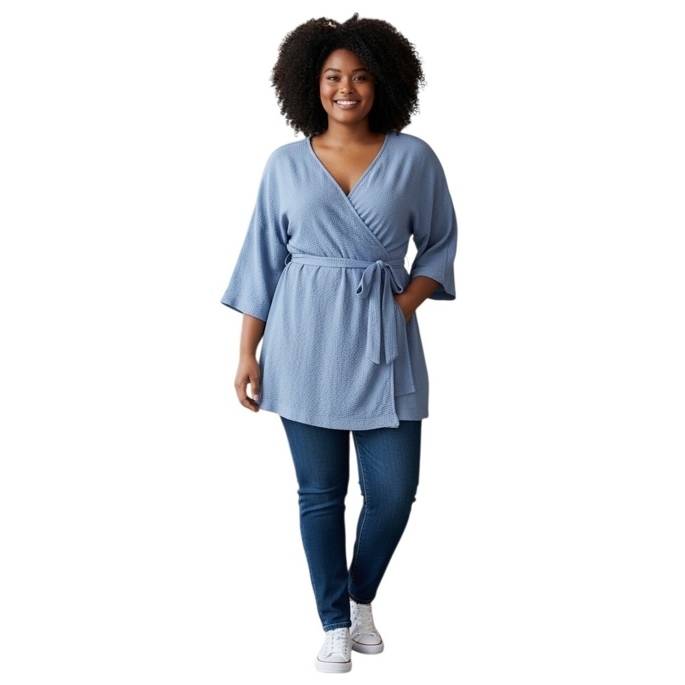 Asos Gauzy Waffle Knit Wrap Top Women's Plus Size 18 Blue Boxy 3/4 Wide Sleeve
